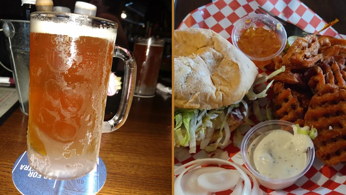 Burgers and appetizers served with drinks.