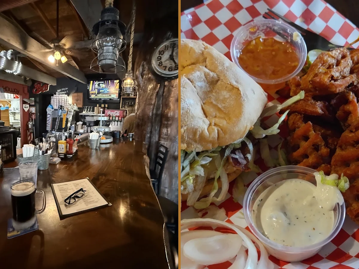Burgers and appetizers served with drinks.