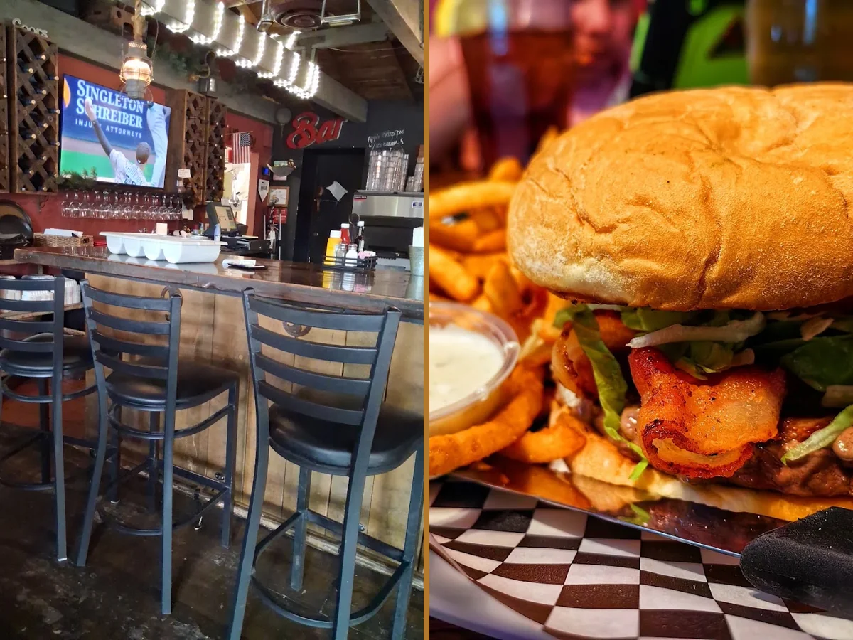 Burgers and appetizers served with drinks.