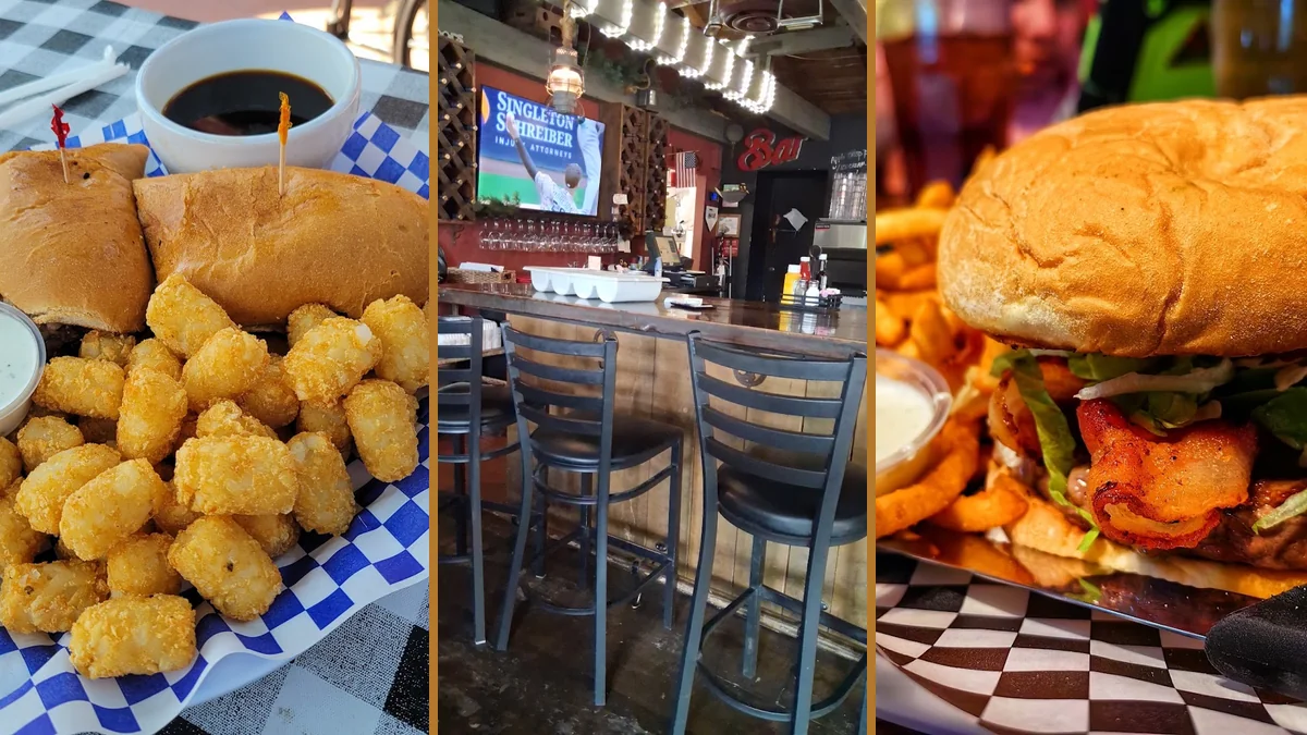Burgers and appetizers served with drinks.