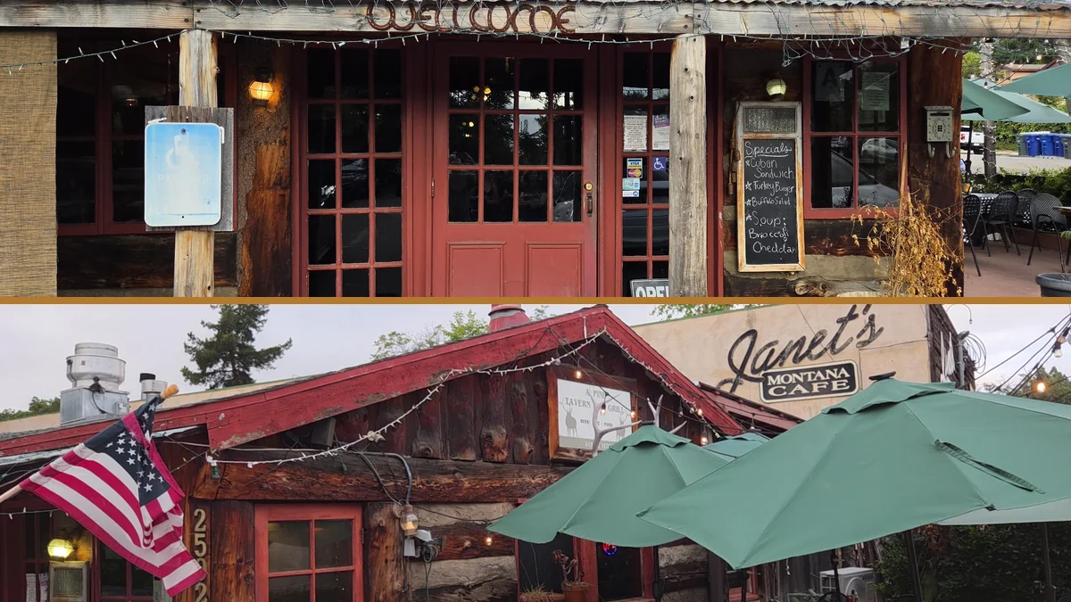 Outdoor tables beside a casual bar and grill.